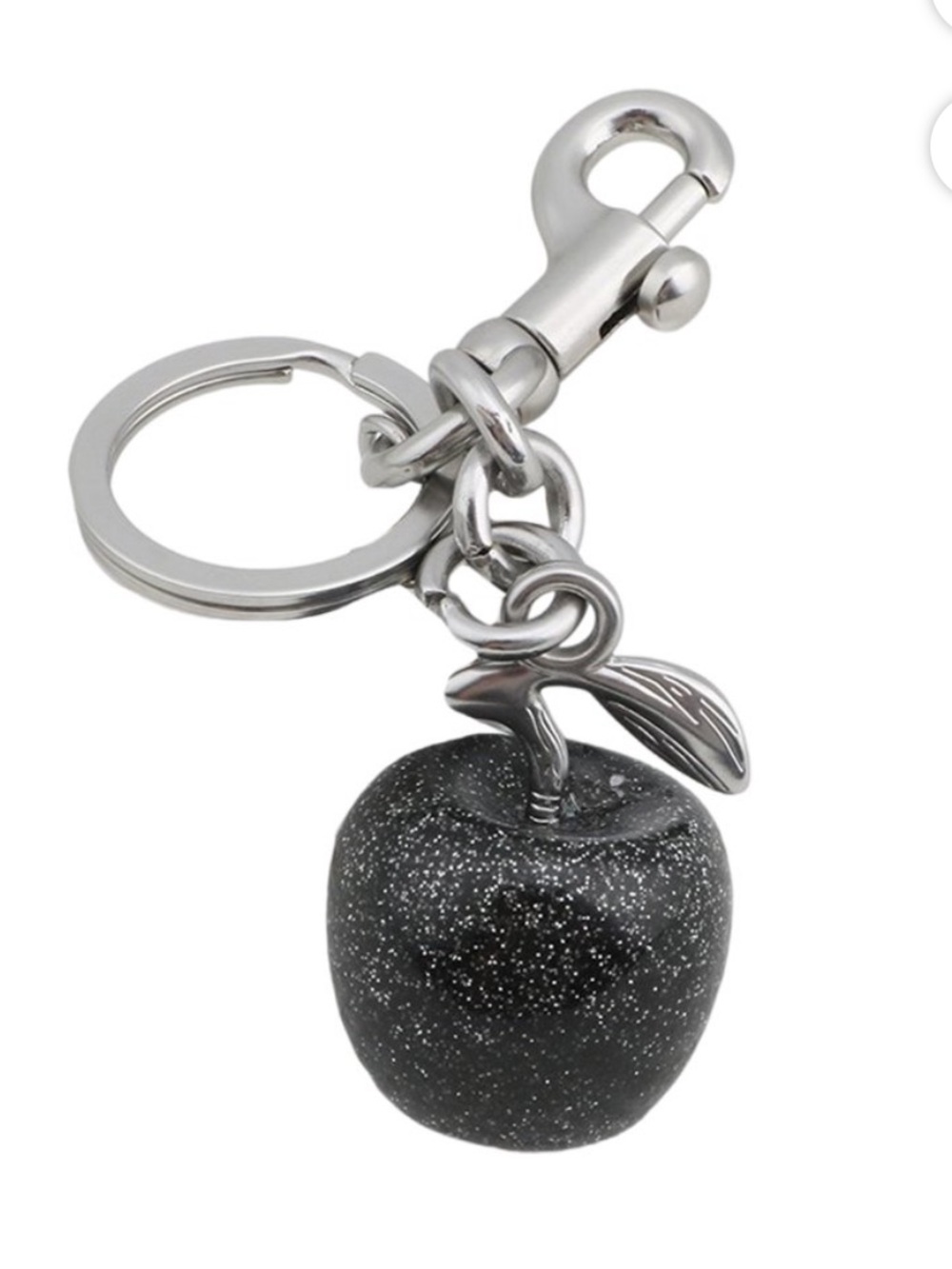 Apple Black glitter keychain or bag charm w/ silver hardware key ring / dog clip